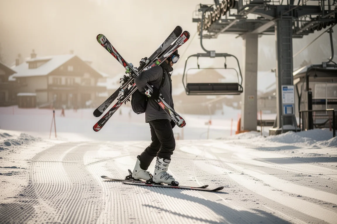 Skifahrer geht mit zwei Skiern über einer Schulter zum Sessellift