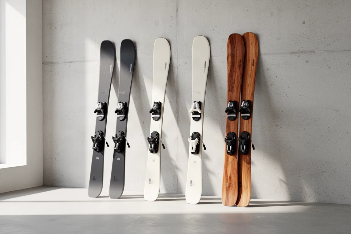 Four pairs of women's all-mountain skis lined up against a pale concrete wall