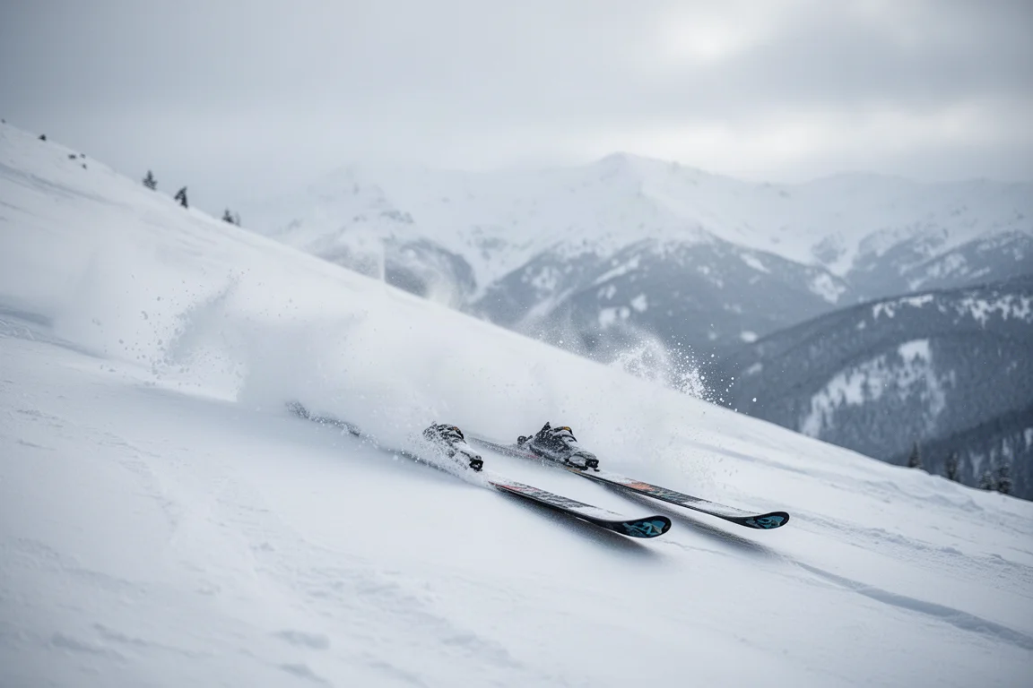 Wide freeride skis cutting through deep powder snow on a steep open slope