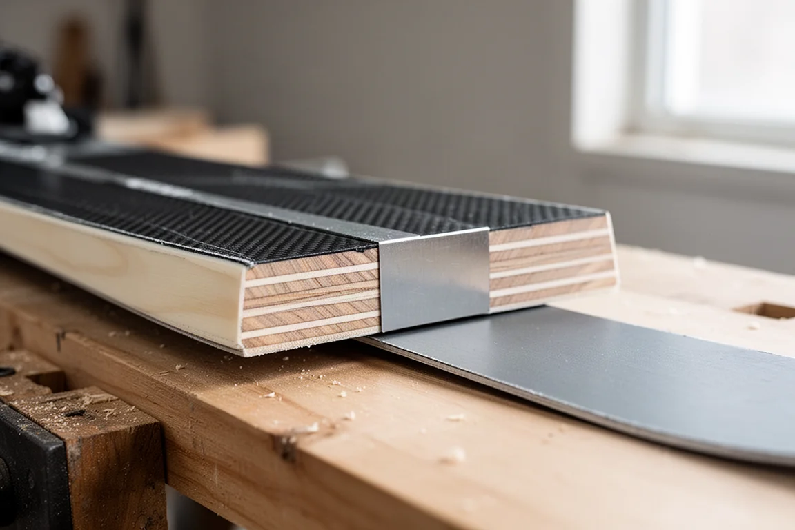 Close-up of a ski cross-section showing wood core, carbon layers and a metal sheet