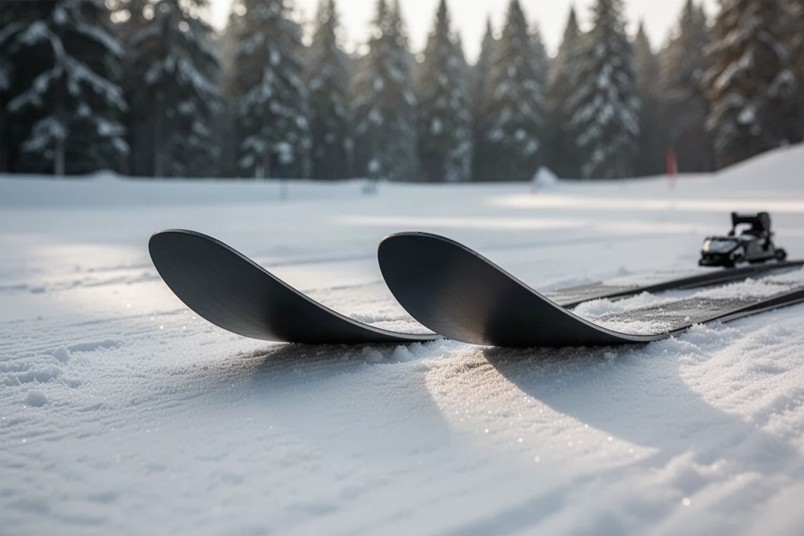 Two wide ski tips with pronounced rocker resting on soft snow beside a groomed run