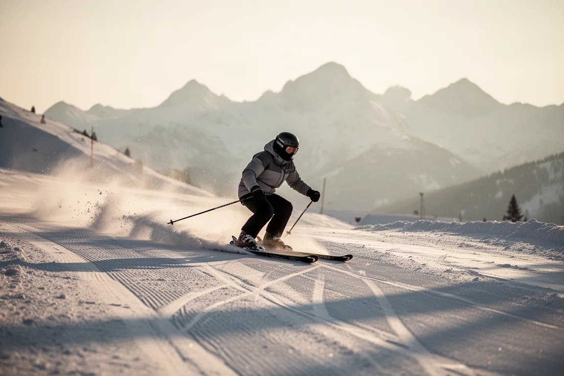 Skier transitioning from untracked powder back onto a groomed trail