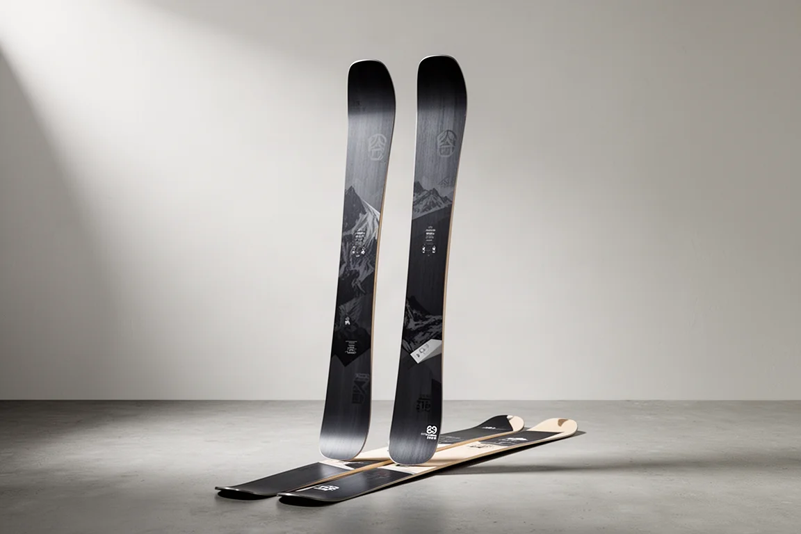 Paire de skis freeride larges aux spatules et talons rockés posés sur une surface de béton mat