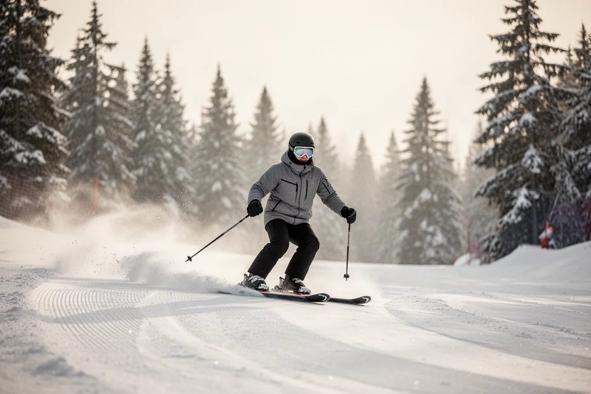Woman skiing down a groomed piste on a sunny winter morning