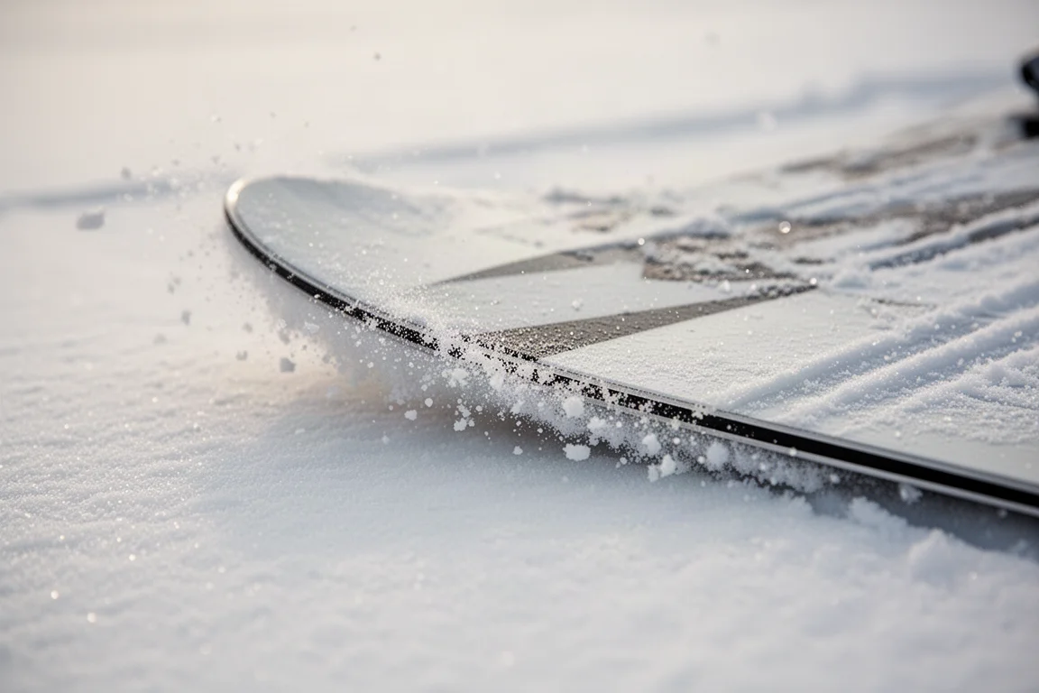 Close-up of a ski edge carving into packed groomed snow