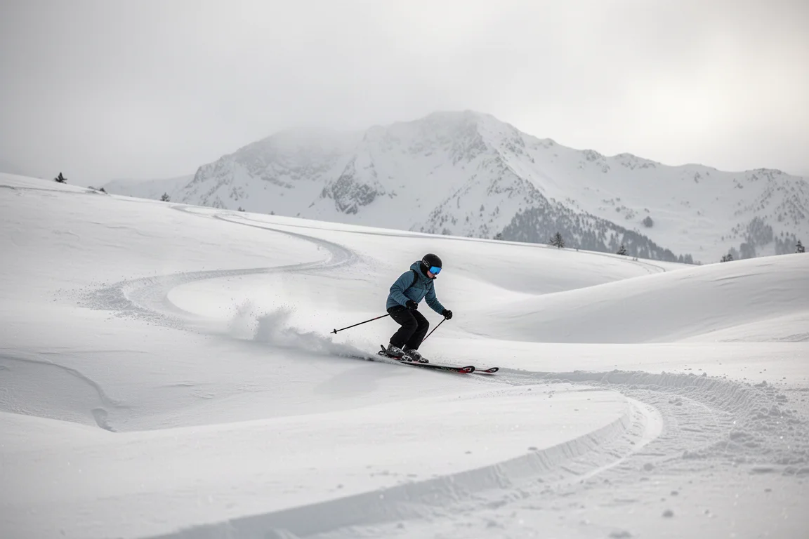 Skier initiating a smooth turn on fresh snow in open terrain