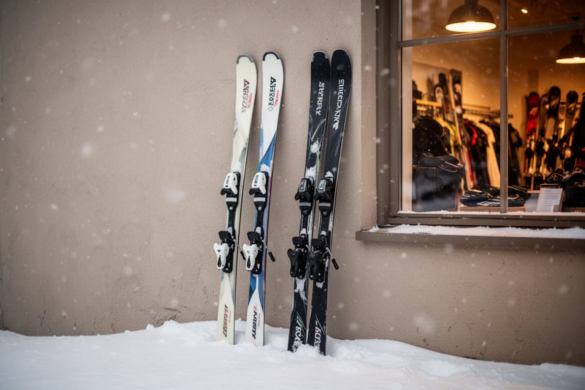 Pair of skis resting outside a ski shop on a snowy afternoon