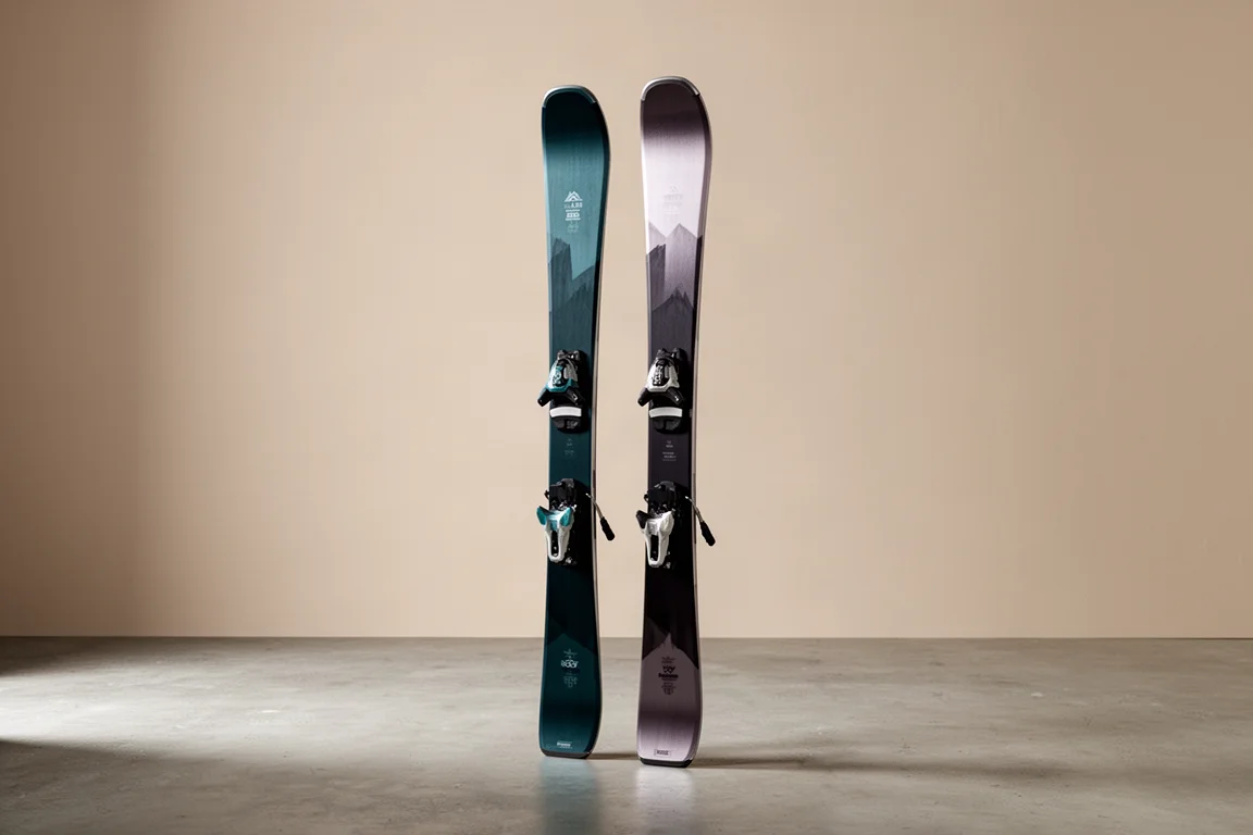 Nordica Santa Ana and Blizzard Black Pearl skis standing upright on concrete floor