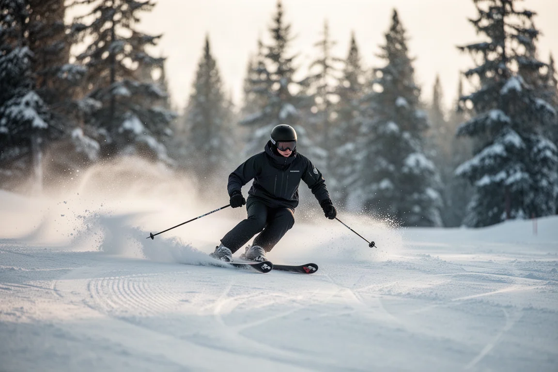 Skifahrer zieht auf einer präparierten Piste im sanften Morgenlicht eine Kurve
