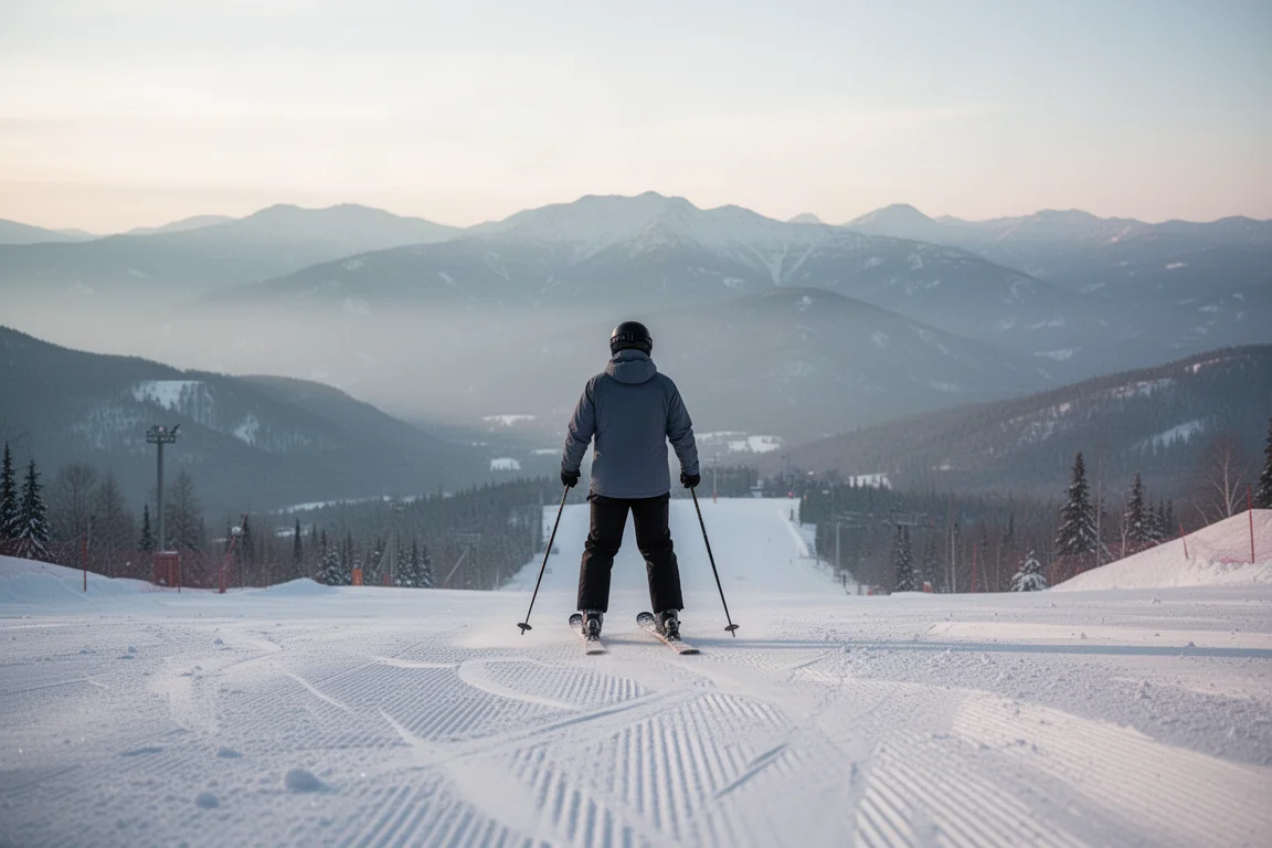Skifahrer oben auf einer präparierten Abfahrt mit Blick den Hang hinunter