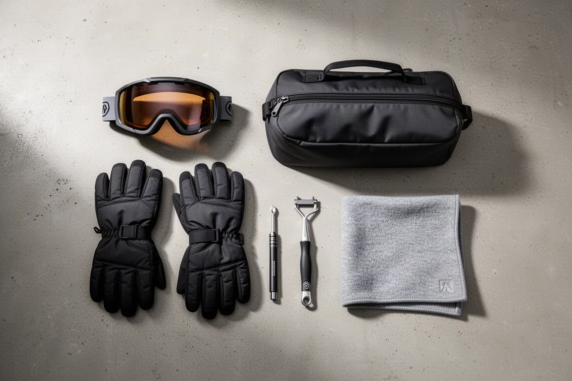 Skiausrüstung von oben fotografiert, inklusive Brille, Handschuhen und Skischuhtasche auf Beton