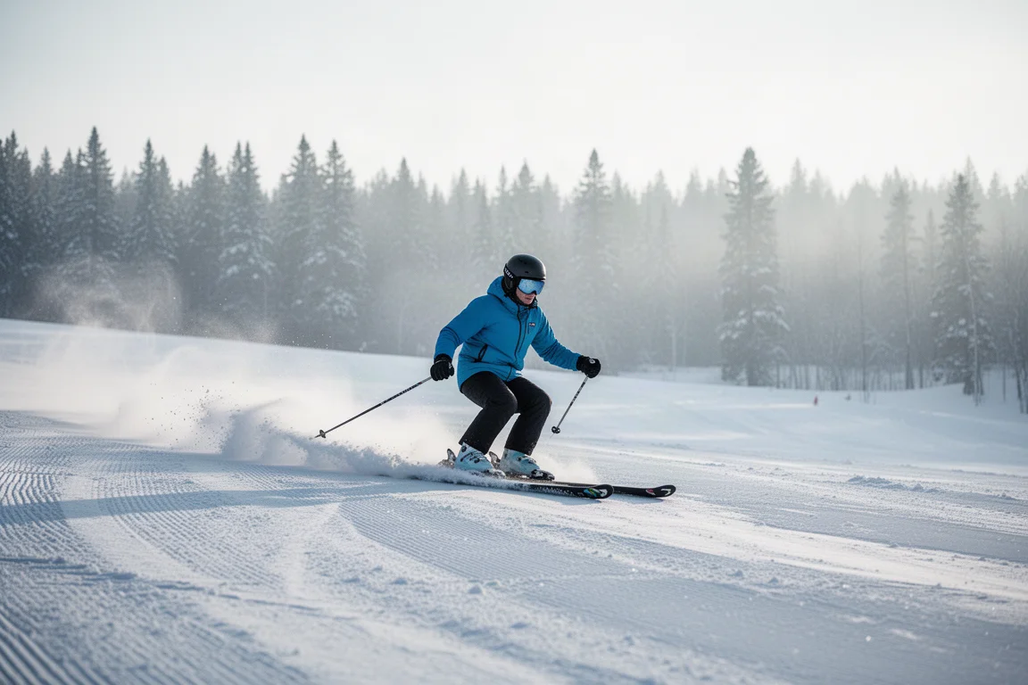 Skifahrerin im weichen Morgenlicht, die über eine breite präparierte Piste schwungvoll zieht
