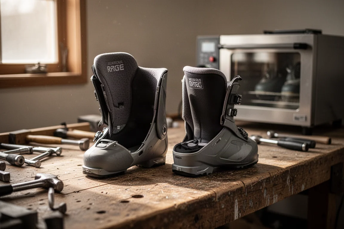 Skistiefel-Innenschuh und Außenschuh auf einer Werkbank in einer Anpasswerkstatt