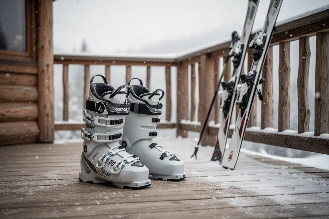 Skistiefel stehen auf einem leicht verschneiten Holzdeck, Skier in der Nähe
