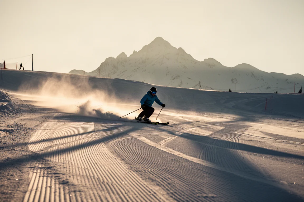 Skifahrer zieht Schwünge auf einer präparierten Piste im warmen späten Nachmittagslicht