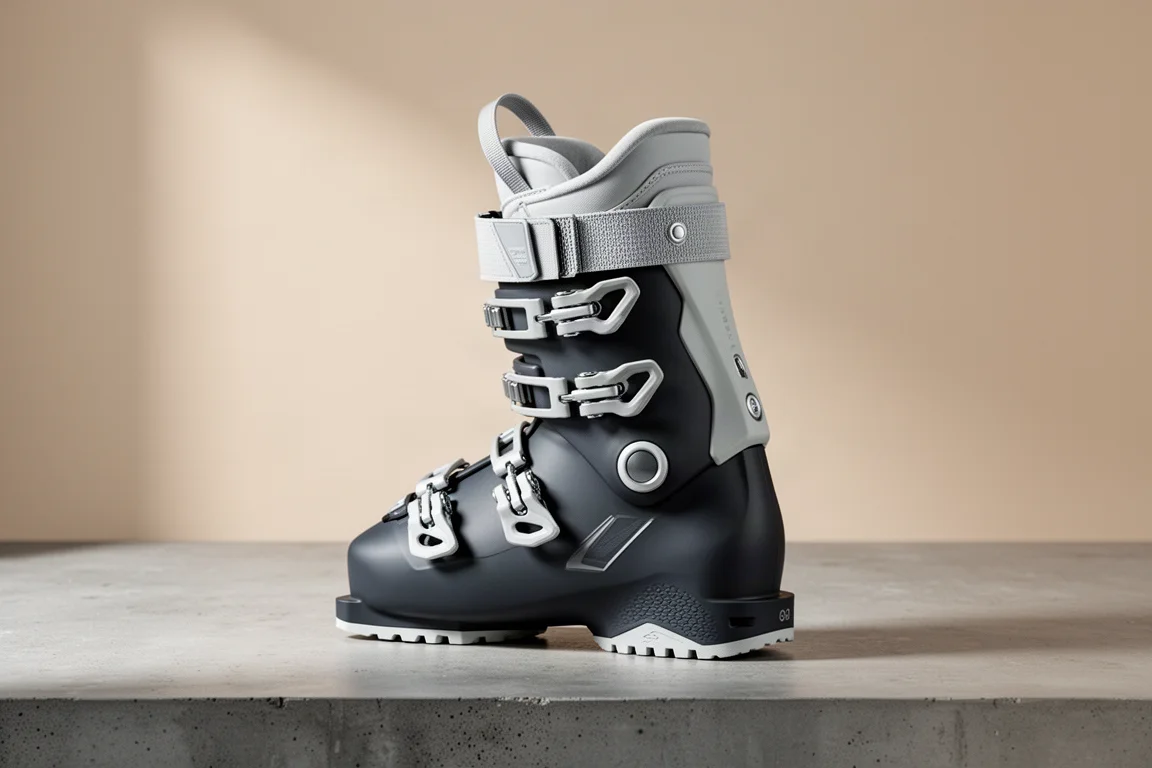 Scarpone da sci all-mountain da donna con quattro taglie e cinghia di potenza su superficie in cemento