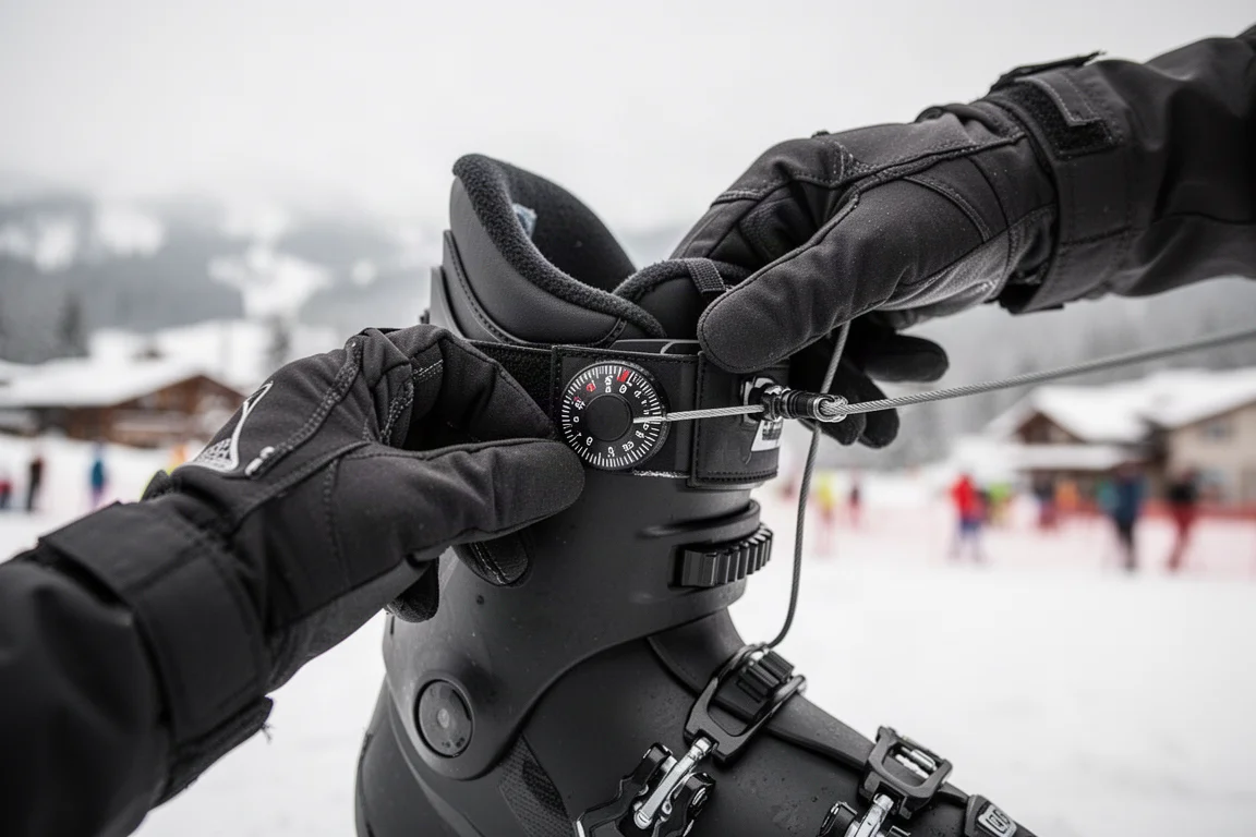 Esquiador ajustando un dial Boa en el upper cuff de una bota alpina de esquí sobre la nieve