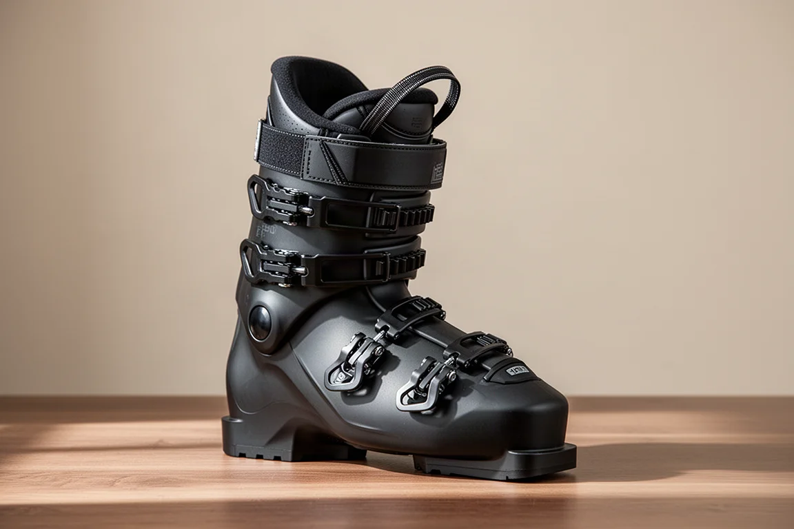 Bota de esquí Nordica Speedmachine 130 DD con dos diales Boa sobre una superficie de madera