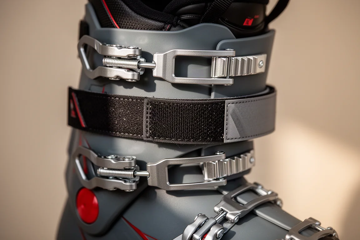 Zbliżenie na aluminiowe zapięcia i pasek power strap na cholewce buta narciarskiego