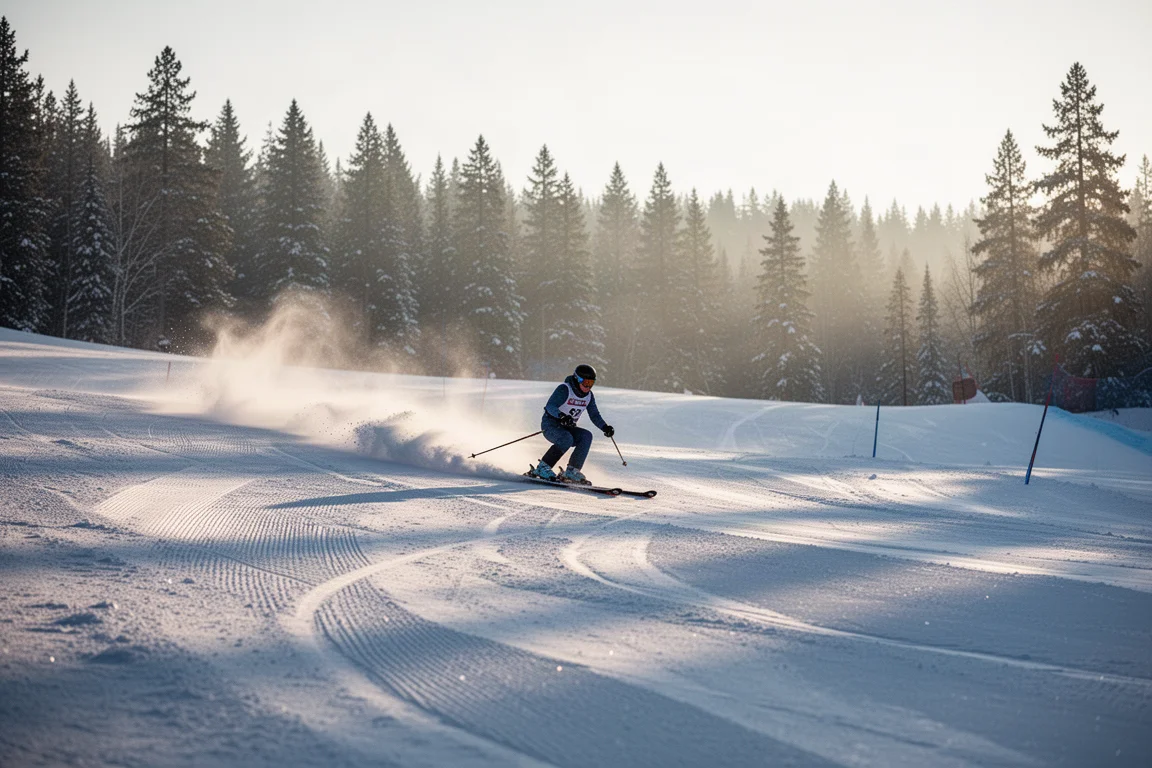 Skier carving a turn on a groomed slope in soft early morning light