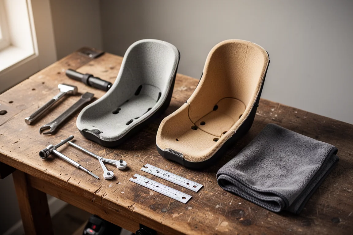 Ski boot fitting bench with liners, tools and warm shop lighting