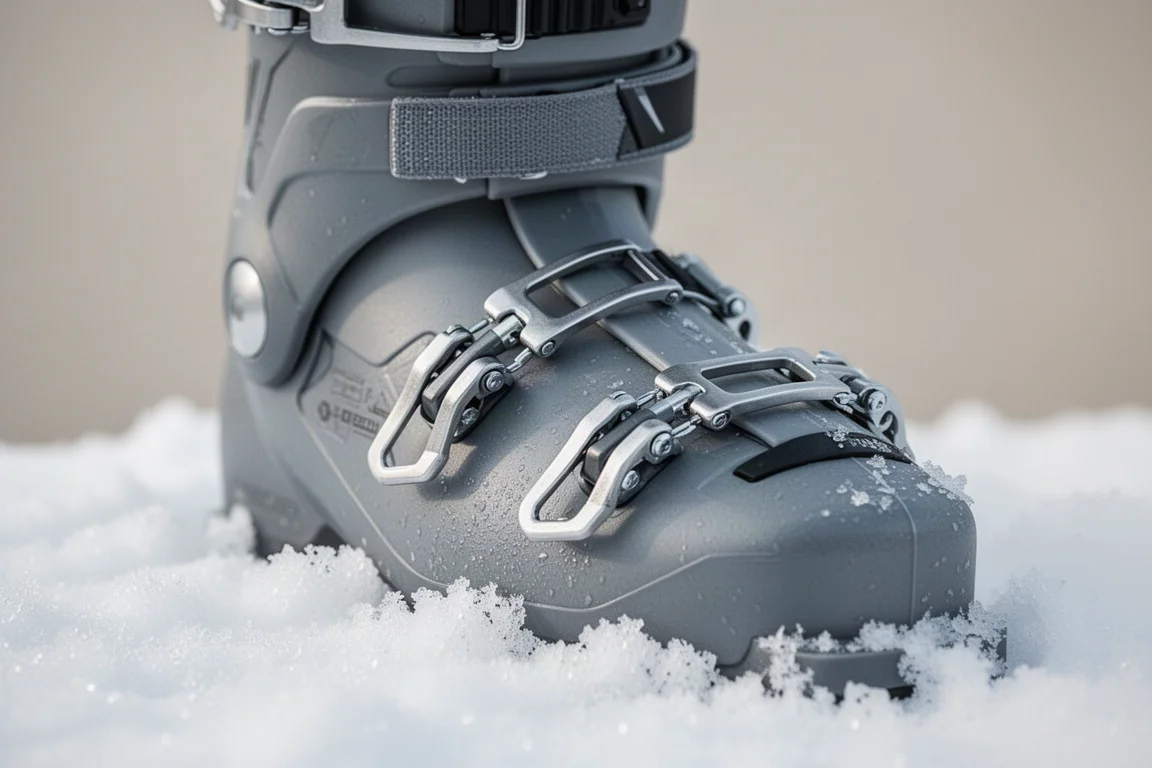 Close-up detail of ski boot cuff buckles resting on packed snow