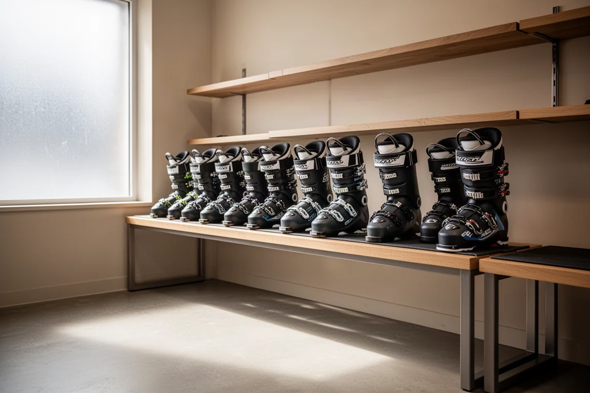 Row of alpine ski boots on a fitting bench in a ski shop