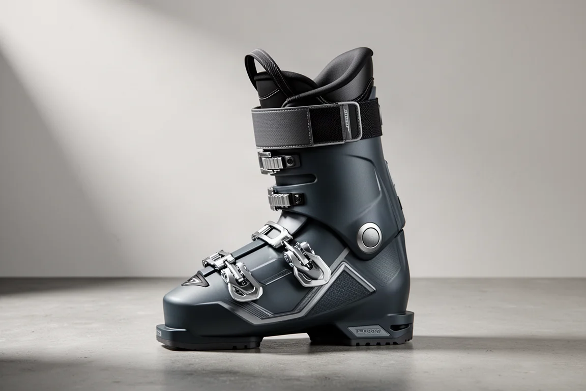 Charcoal alpine ski boot with four buckles and a power strap on a concrete surface