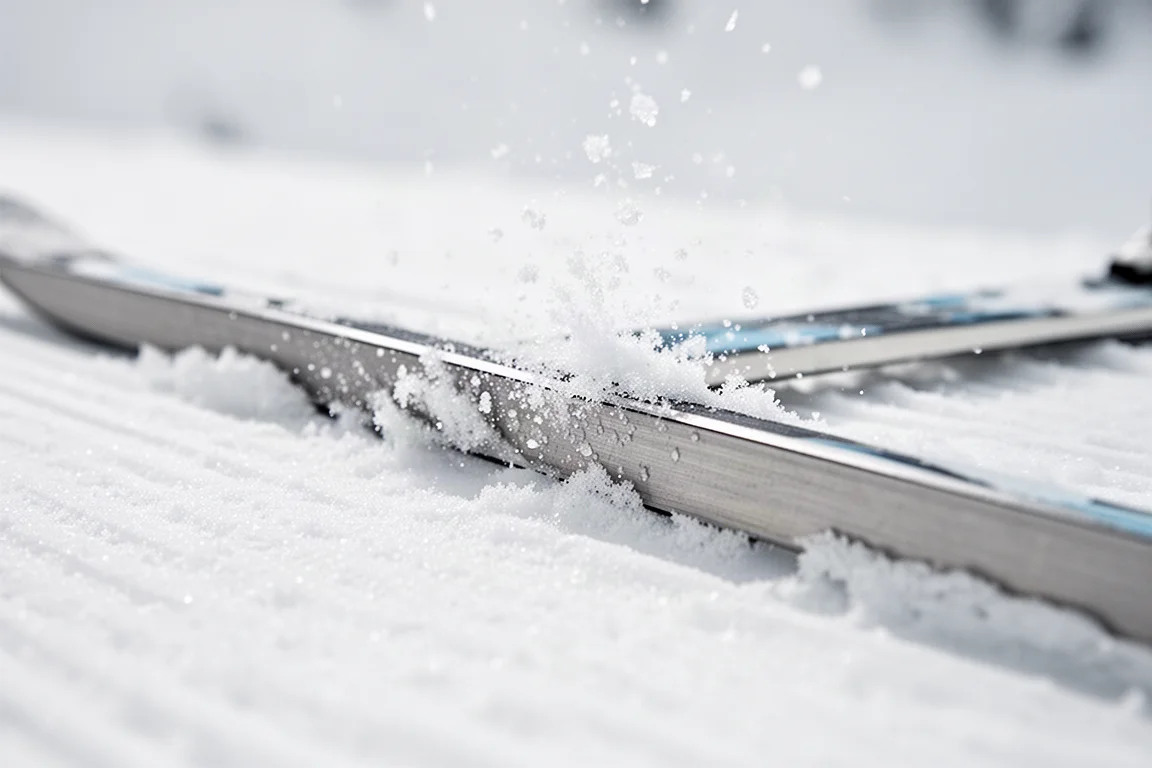 雪板鋼邊在壓實硬雪上抓地並濺起冰晶的特寫畫面
