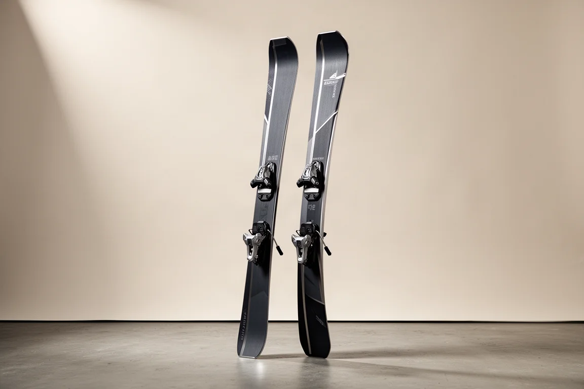 Pair of fully cambered frontside carving skis with bindings on a neutral studio backdrop