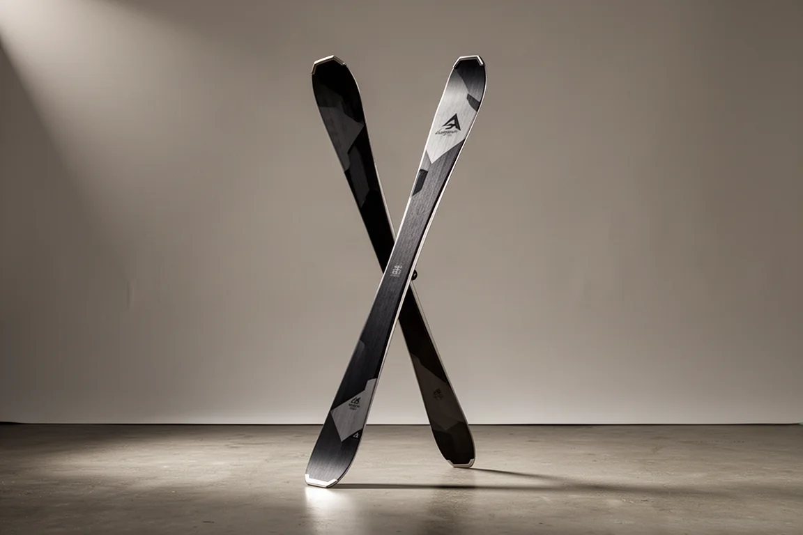 Single alpine carving ski standing upright on a matte concrete floor against a grey backdrop