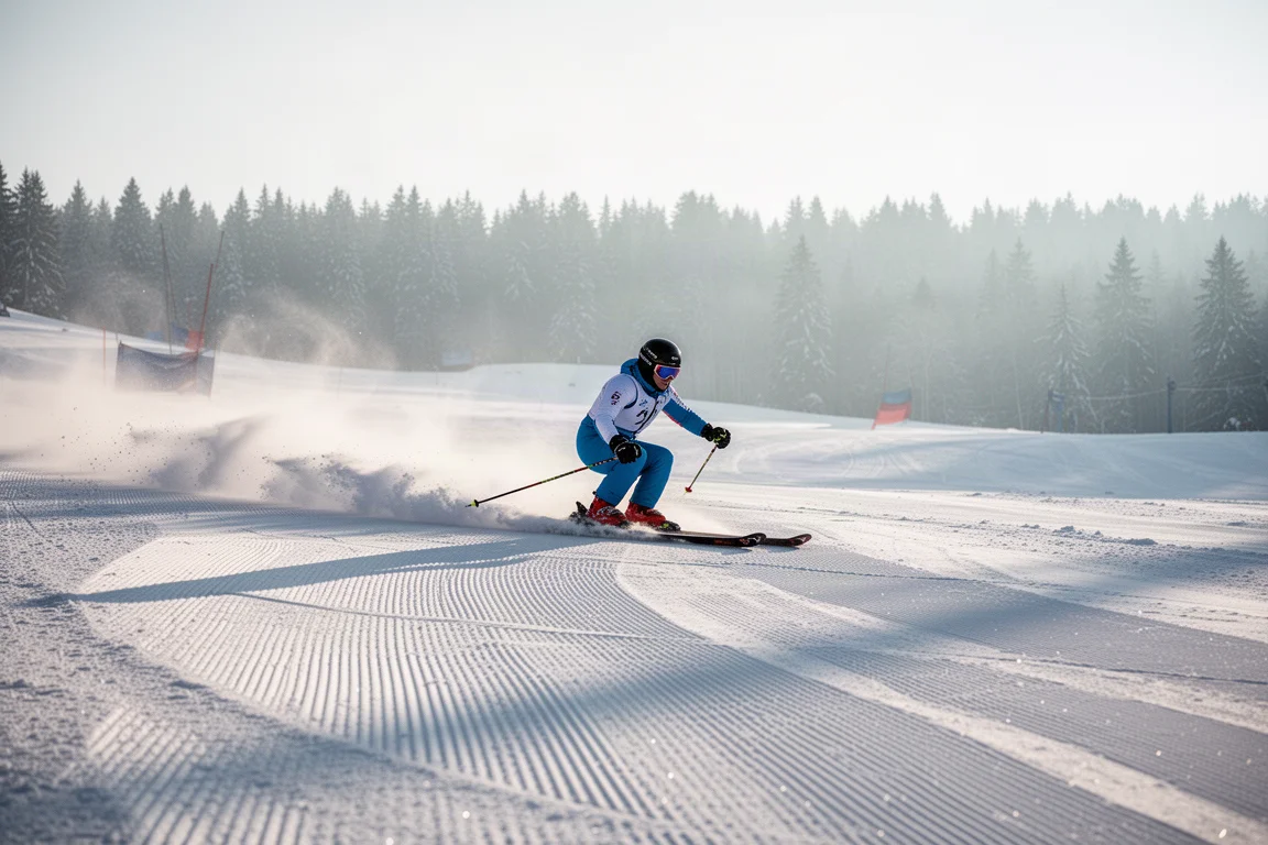 Skieur alpin traçant des courbes sur une piste damée ferme à la lumière du petit matin