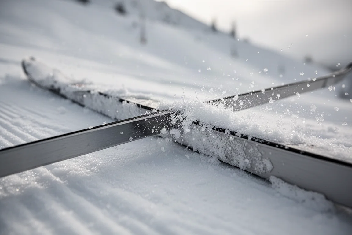 Gros plan sur un chant de ski mordant dans la neige damée durcie