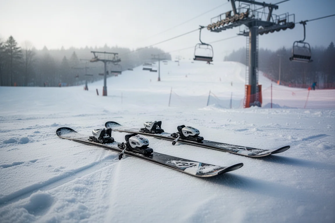 Paire de skis piste posés sur neige damée à côté d'un télésiège