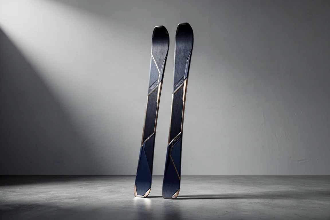 Pair of angular front side alpine skis standing on a matte concrete surface