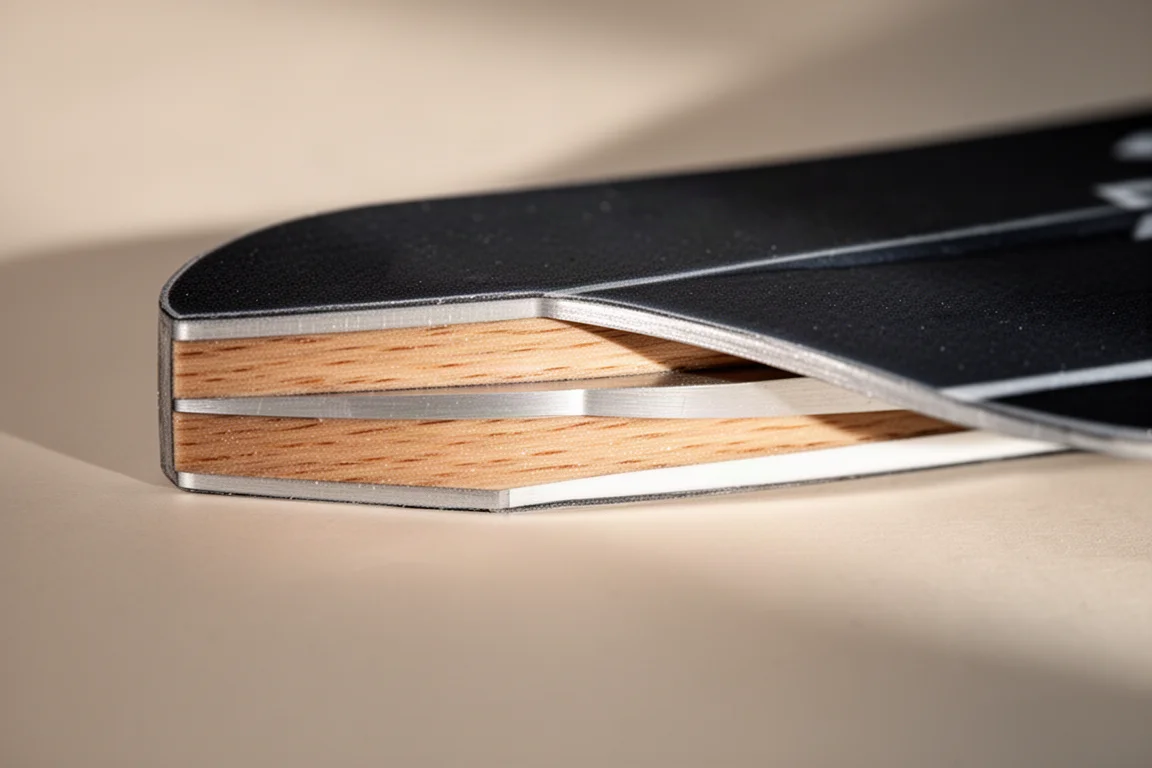 Detalle macro del lateral de un esquí que muestra laminados de madera con una fina capa de metal entre ellos