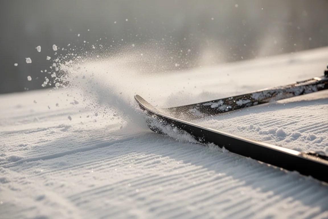 El canto del esquí muerde la nieve firme preparada y lanza un fino abanico de nieve en spray
