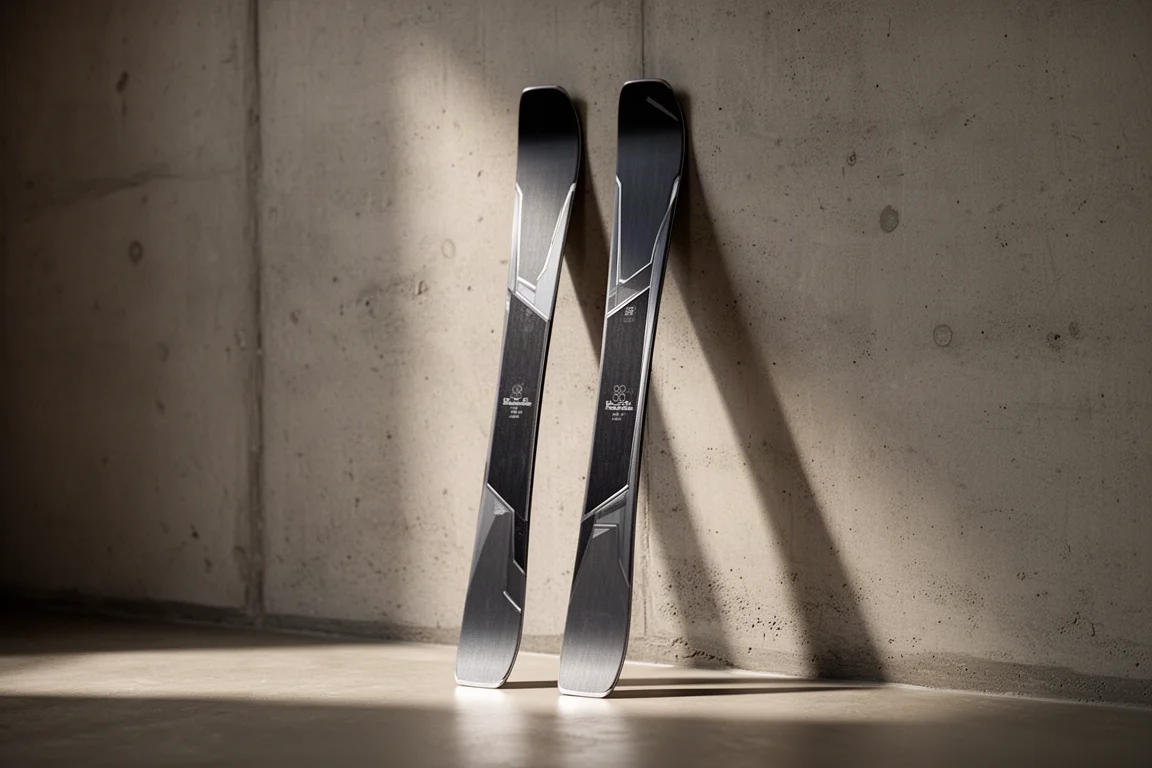Pair of frontside carving skis standing against a matte concrete wall in soft studio light