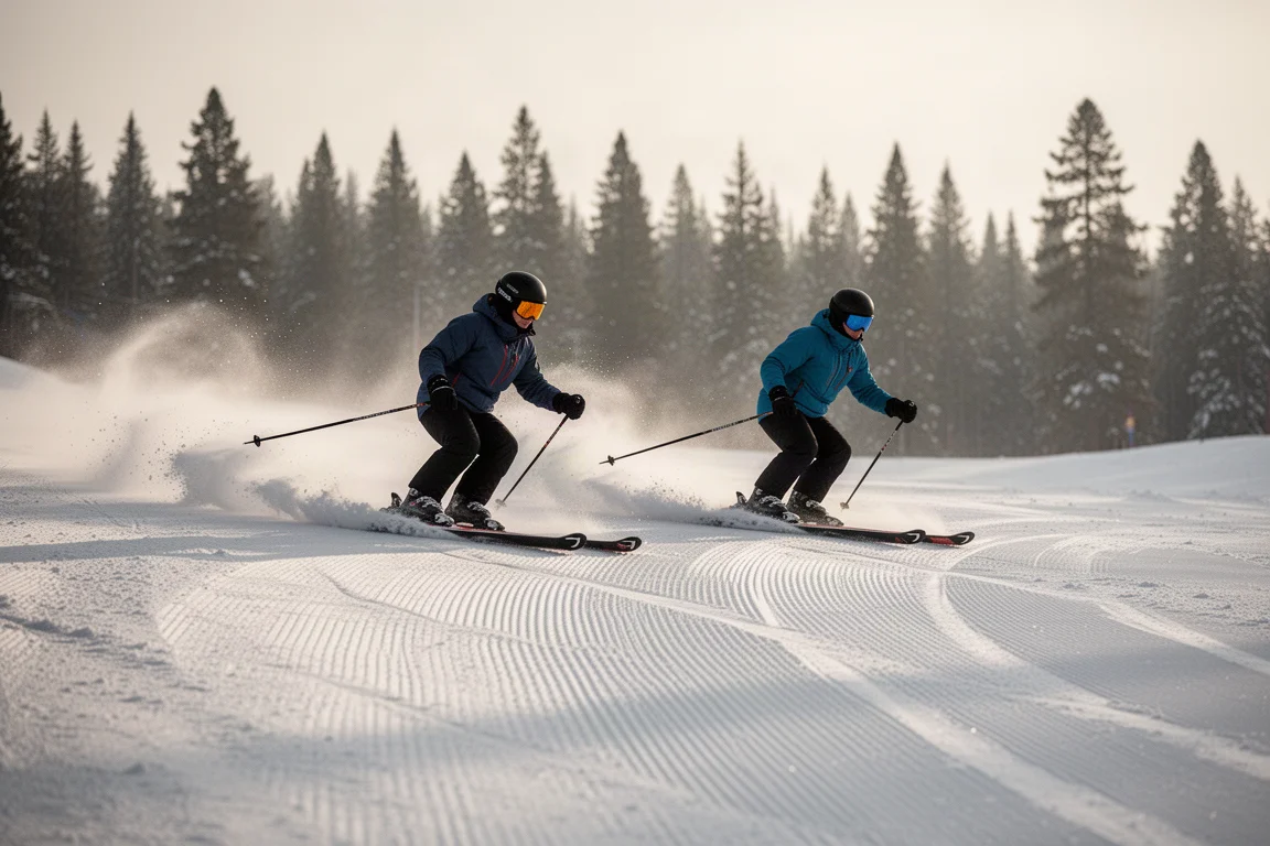 Zwei Skifahrer ziehen auf einer präparierten Piste im sanften Morgenlicht Kurven