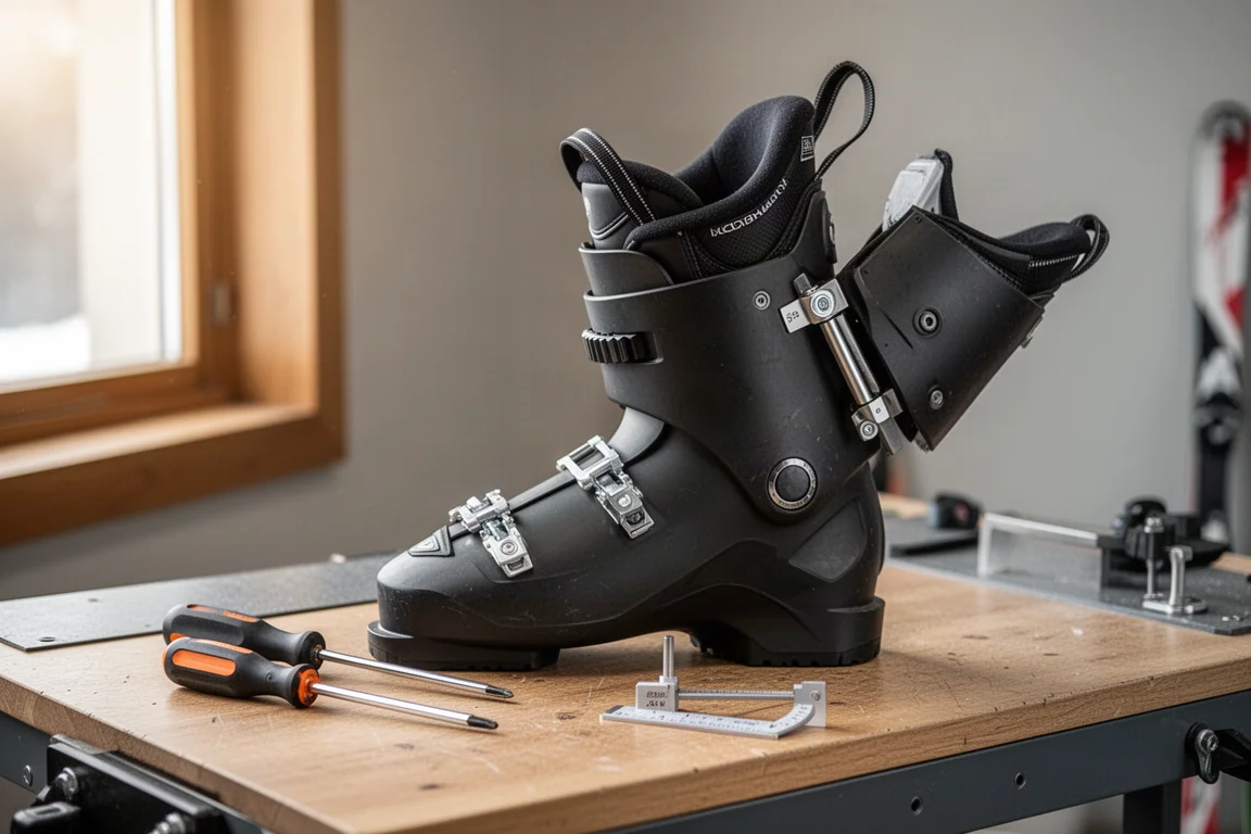 Bootfitting-Werkbank mit Werkzeugen zur Schalenanpassung und einem Skischuhschaft