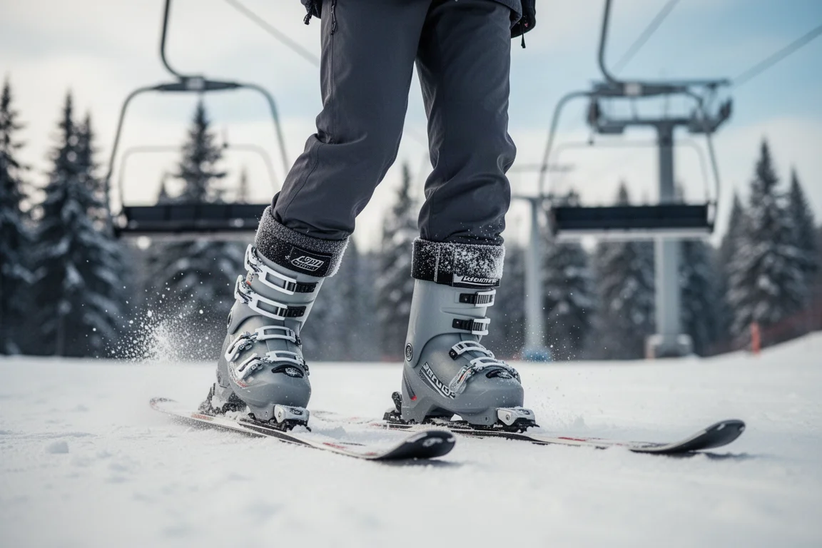 Ski boots walking across packed snow toward a chairlift on a bright winter morning