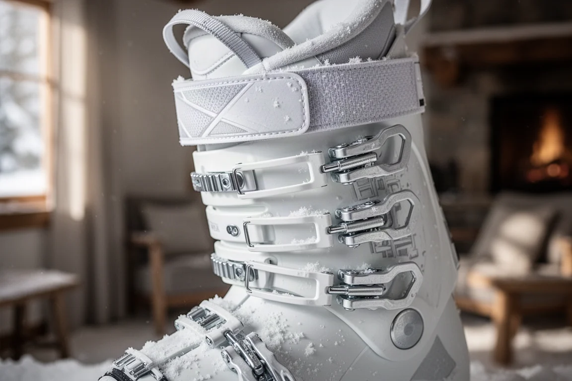 Close-up of ski boot buckles and power strap with snow dusting on the shell
