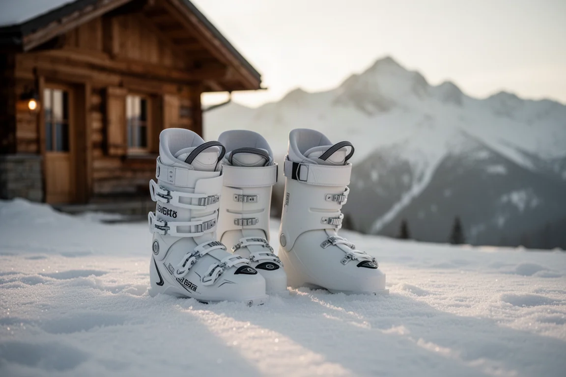 Ski boots standing on packed snow outside a mountain lodge in afternoon light