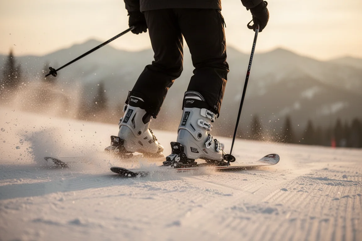 Skier carving a groomed slope at golden hour with boots visible mid-turn