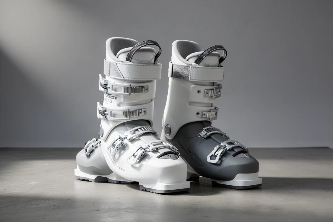 Pair of white and grey ski boots with four buckles standing on a concrete surface
