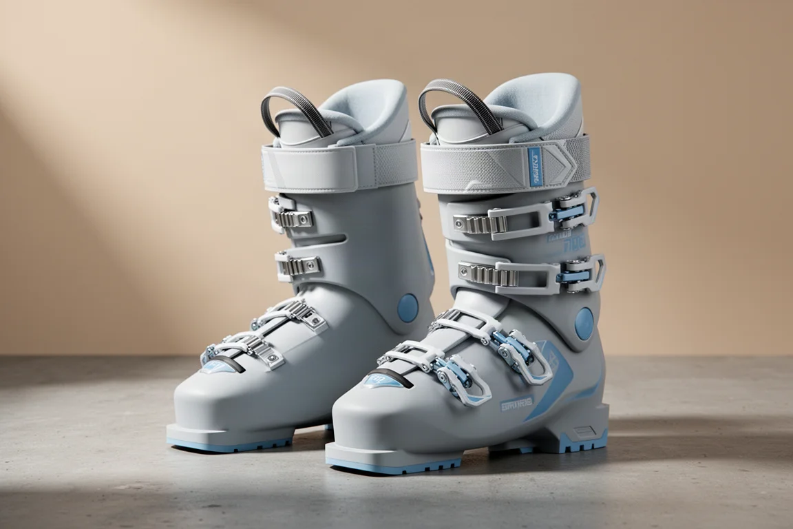 Paar dames alpine-skischoenen met matgrijze schalen en blauwe accenten op beton