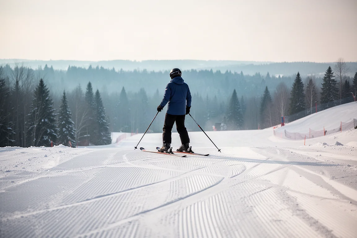 Alpine skier standing on a groomed slope in soft morning light