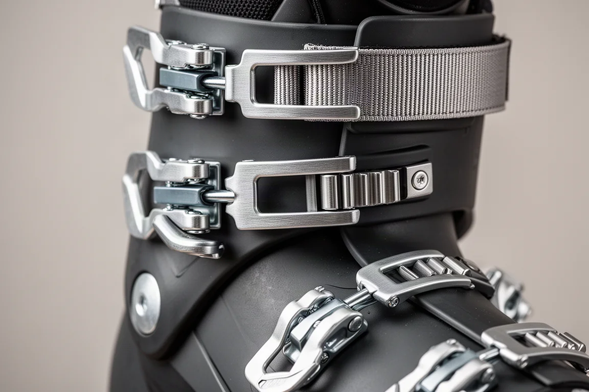 Close-up of metal ski boot buckles and power strap on a boot shell