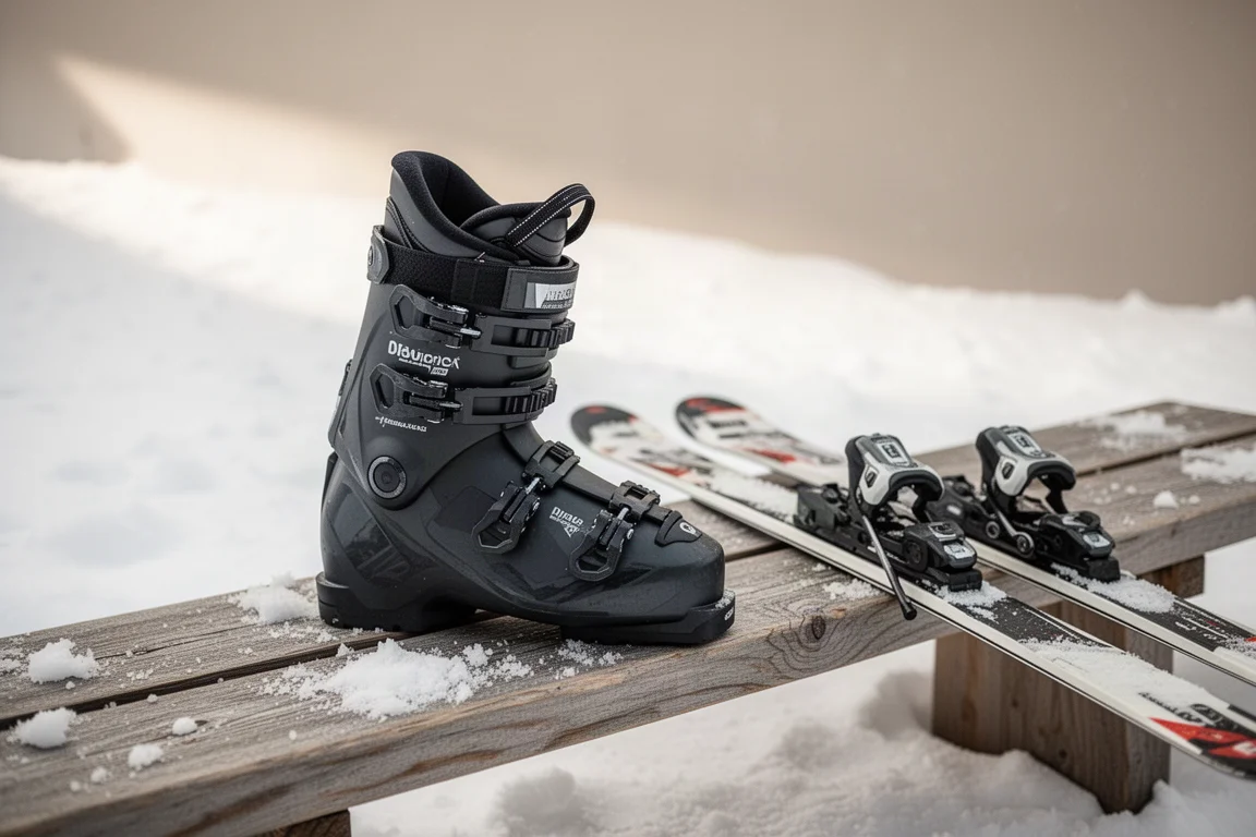 Skier adjusting the rear cuff of a ski boot on a snowy bench