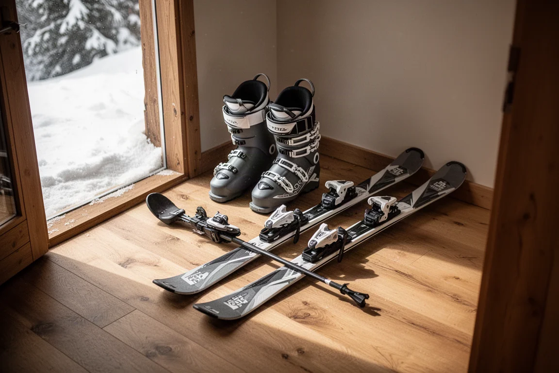 Ski boots and skis arranged in a lodge entryway before a day on the hill